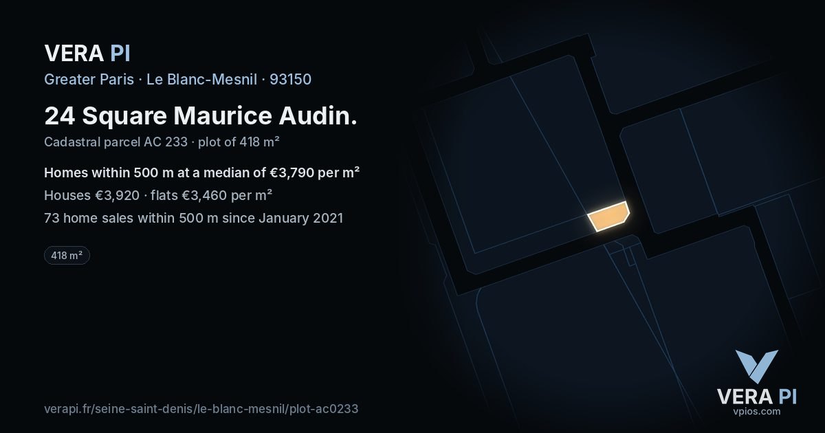 24 Square Maurice Audin, Le Blanc-Mesnil at night – the plot lit, the parcels around coloured by the prices near them