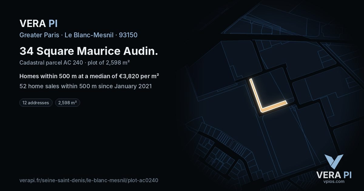 34 Square Maurice Audin, Le Blanc-Mesnil at night – the plot lit, the parcels around coloured by the prices near them
