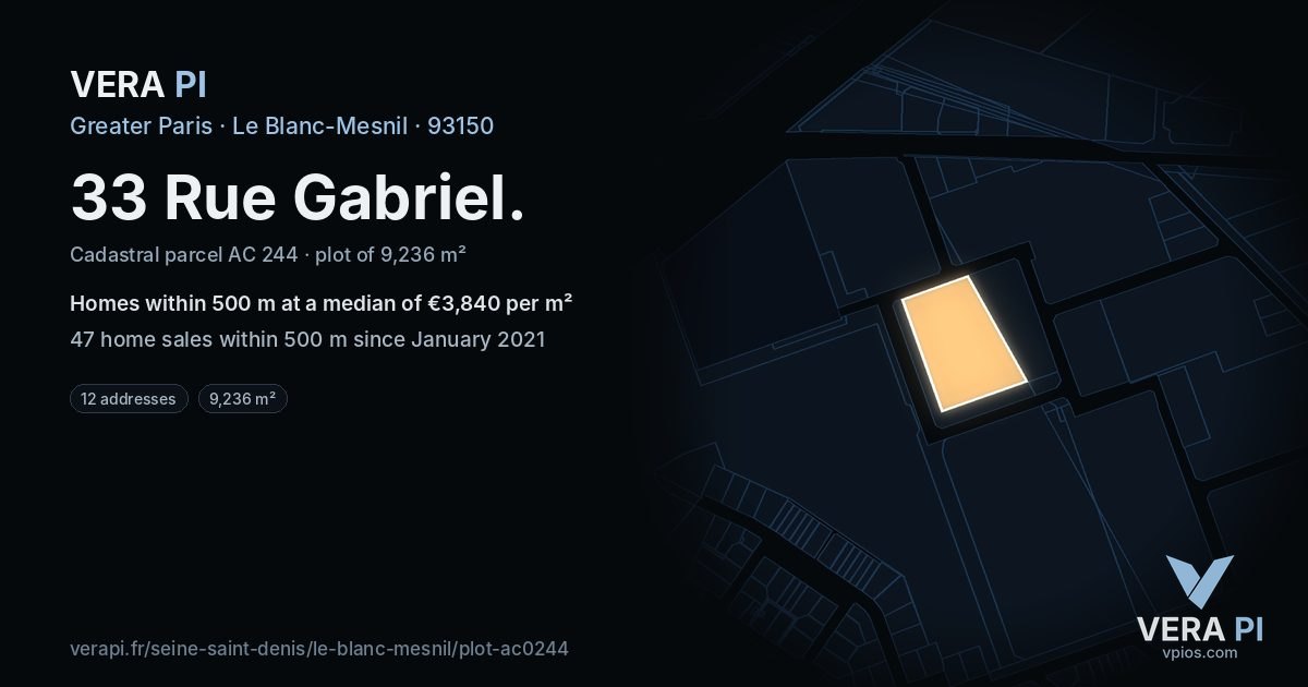 33 Rue Gabriel, Le Blanc-Mesnil at night – the plot lit, the parcels around coloured by the prices near them