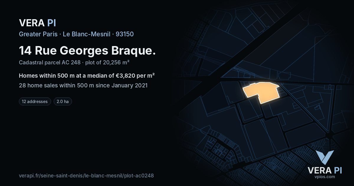 14 Rue Georges Braque, Le Blanc-Mesnil at night – the plot lit, the parcels around coloured by the prices near them