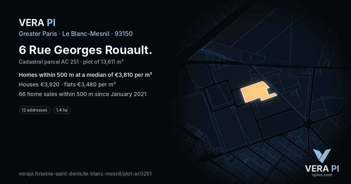 6 Rue Georges Rouault, Le Blanc-Mesnil at night – the plot lit, the parcels around coloured by the prices near them