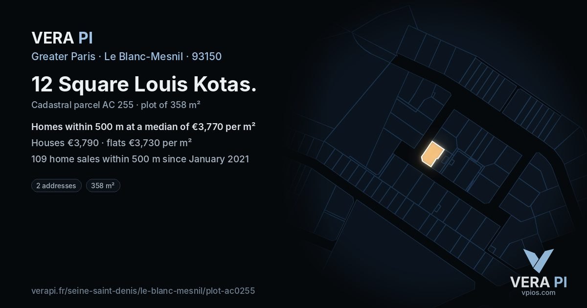 12 Square Louis Kotas, Le Blanc-Mesnil at night – the plot lit, the parcels around coloured by the prices near them