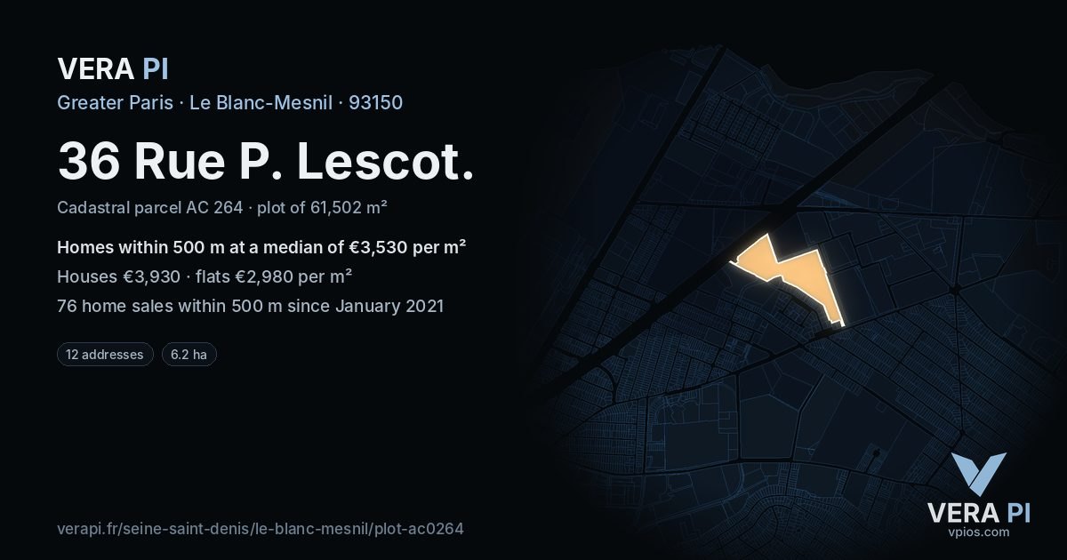 36 Rue P. Lescot, Le Blanc-Mesnil at night – the plot lit, the parcels around coloured by the prices near them