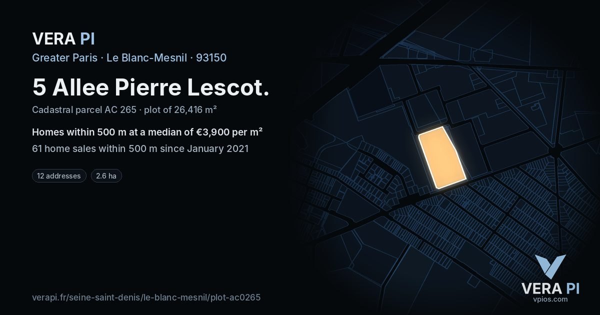 5 Allee Pierre Lescot, Le Blanc-Mesnil at night – the plot lit, the parcels around coloured by the prices near them
