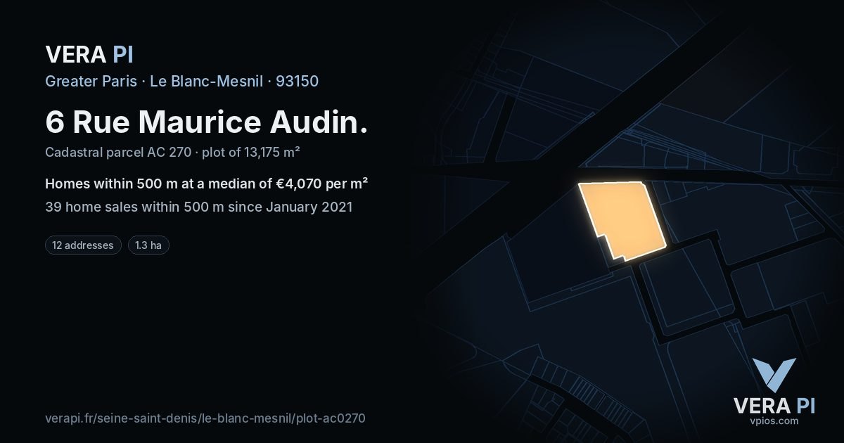 6 Rue Maurice Audin, Le Blanc-Mesnil at night – the plot lit, the parcels around coloured by the prices near them