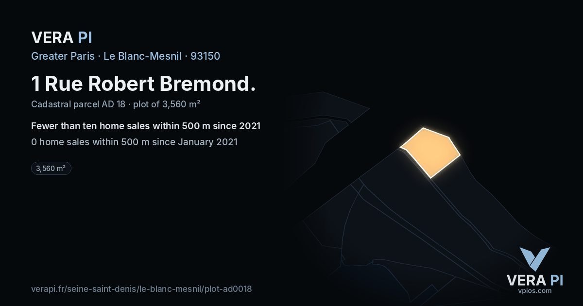 1 Rue Robert Bremond, Le Blanc-Mesnil at night – the plot lit, the parcels around coloured by the prices near them