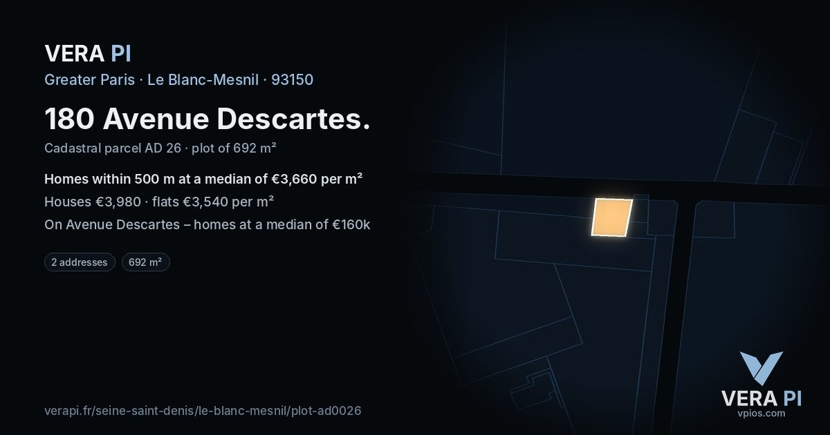 180 Avenue Descartes, Le Blanc-Mesnil at night – the plot lit, the parcels around coloured by the prices near them