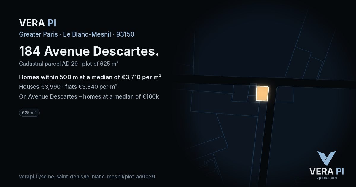 184 Avenue Descartes, Le Blanc-Mesnil at night – the plot lit, the parcels around coloured by the prices near them