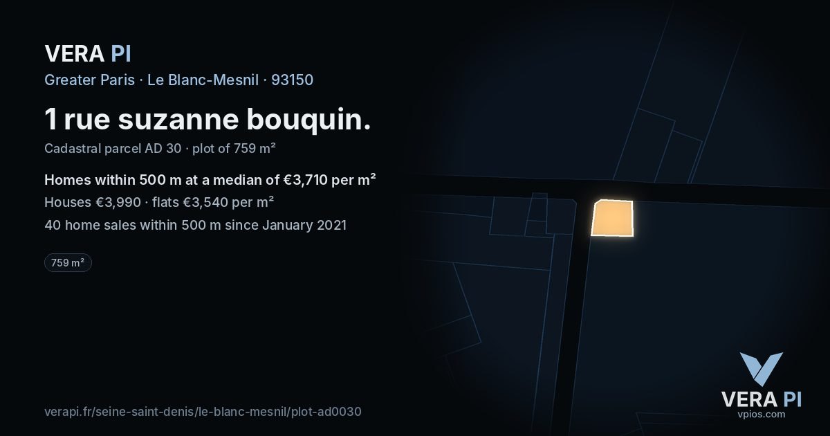1 rue suzanne bouquin, Le Blanc-Mesnil at night – the plot lit, the parcels around coloured by the prices near them