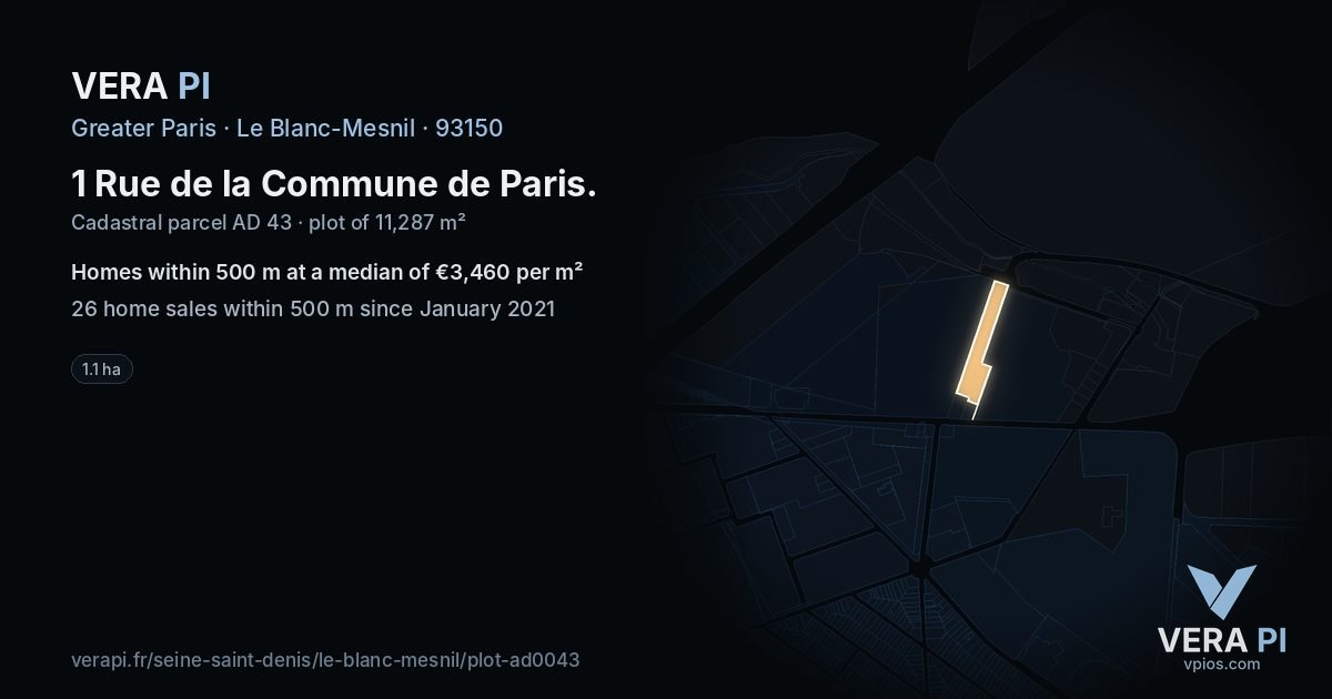 1 Rue de la Commune de Paris, Le Blanc-Mesnil at night – the plot lit, the parcels around coloured by the prices near them