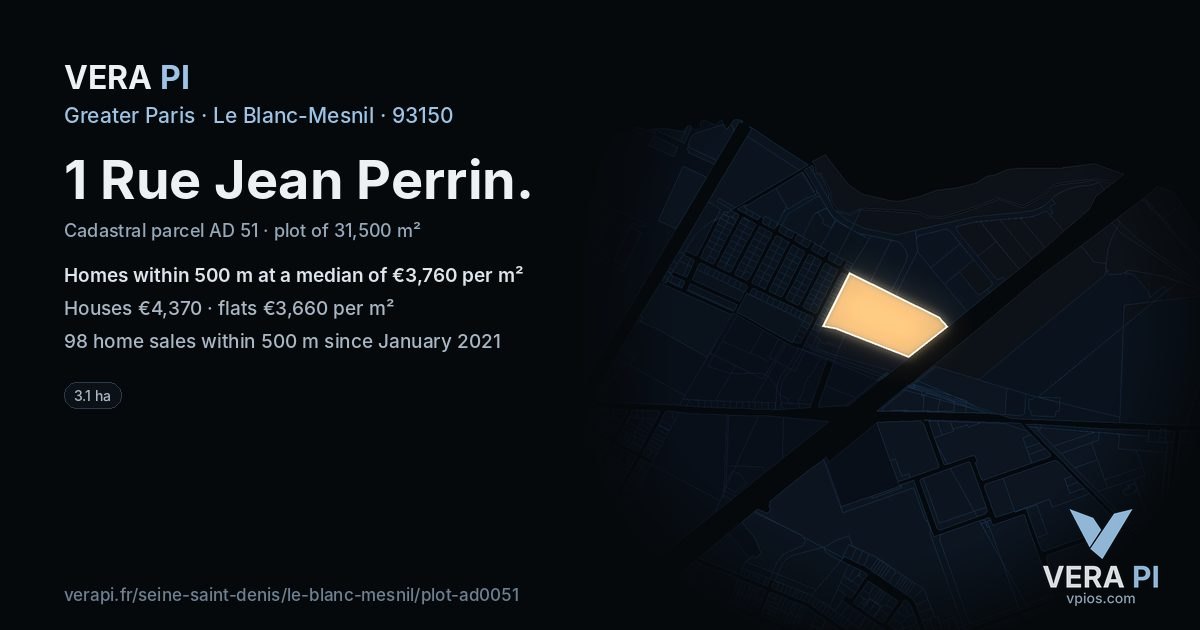 1 Rue Jean Perrin, Le Blanc-Mesnil at night – the plot lit, the parcels around coloured by the prices near them