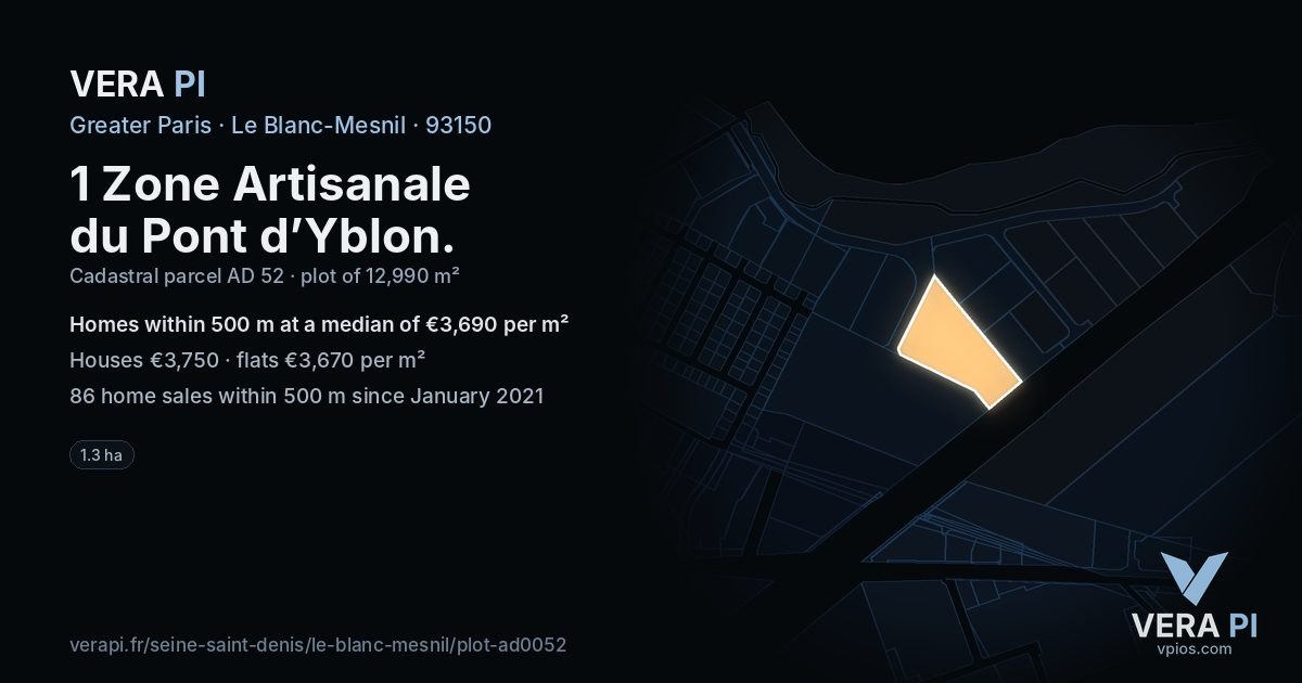 1 Zone Artisanale du Pont d’Yblon, Le Blanc-Mesnil at night – the plot lit, the parcels around coloured by the prices near them
