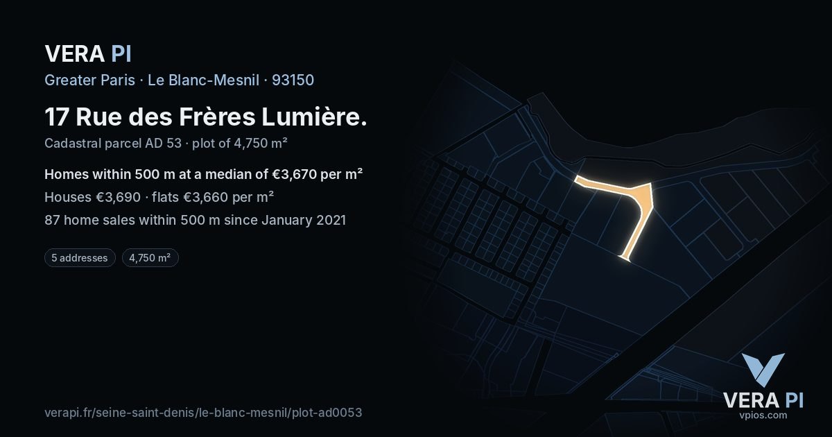 17 Rue des Frères Lumière, Le Blanc-Mesnil at night – the plot lit, the parcels around coloured by the prices near them