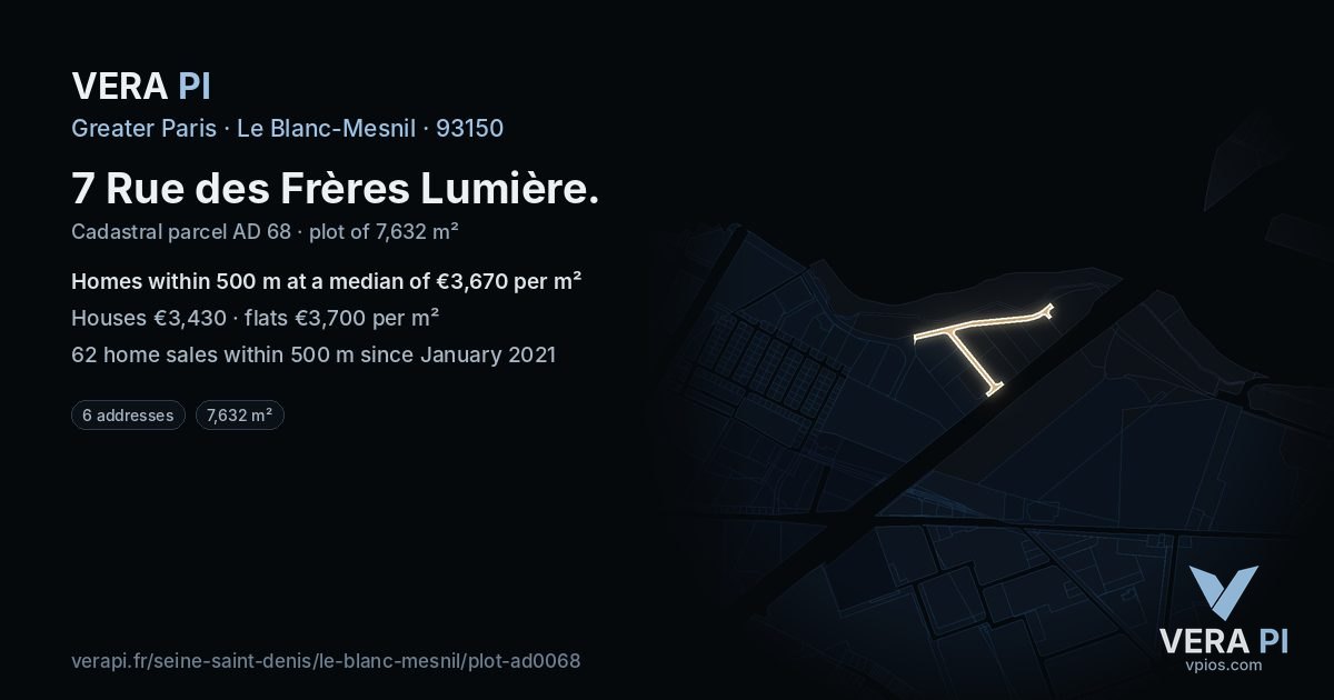 7 Rue des Frères Lumière, Le Blanc-Mesnil at night – the plot lit, the parcels around coloured by the prices near them