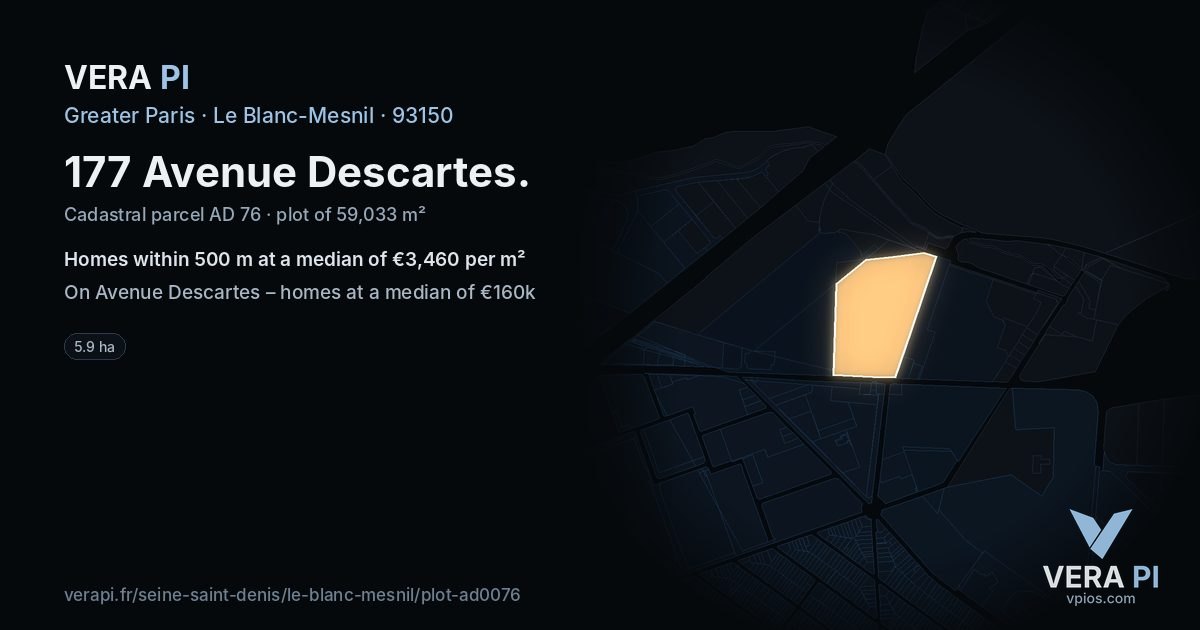 177 Avenue Descartes, Le Blanc-Mesnil at night – the plot lit, the parcels around coloured by the prices near them