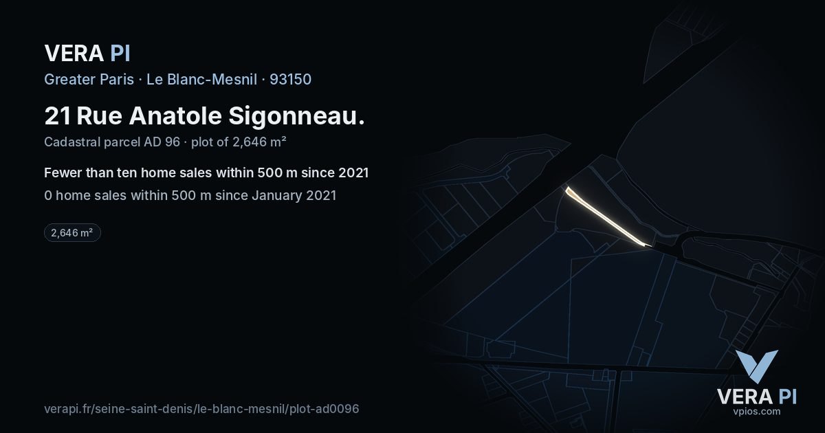 21 Rue Anatole Sigonneau, Le Blanc-Mesnil at night – the plot lit, the parcels around coloured by the prices near them