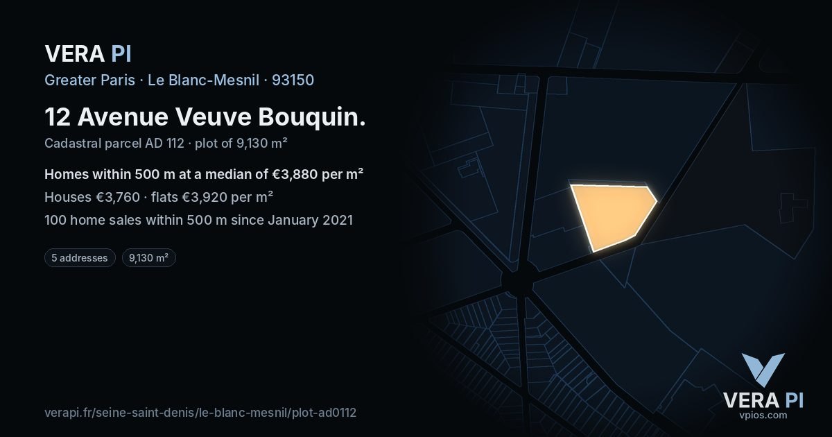 12 Avenue Veuve Bouquin, Le Blanc-Mesnil at night – the plot lit, the parcels around coloured by the prices near them