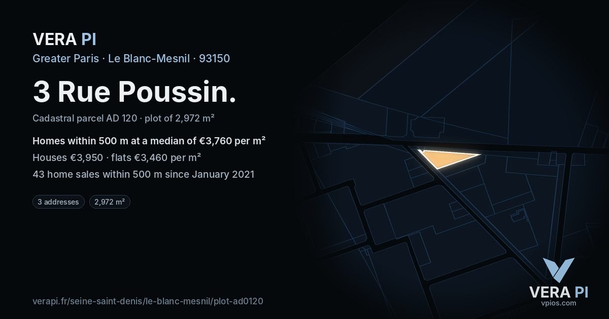 3 Rue Poussin, Le Blanc-Mesnil at night – the plot lit, the parcels around coloured by the prices near them