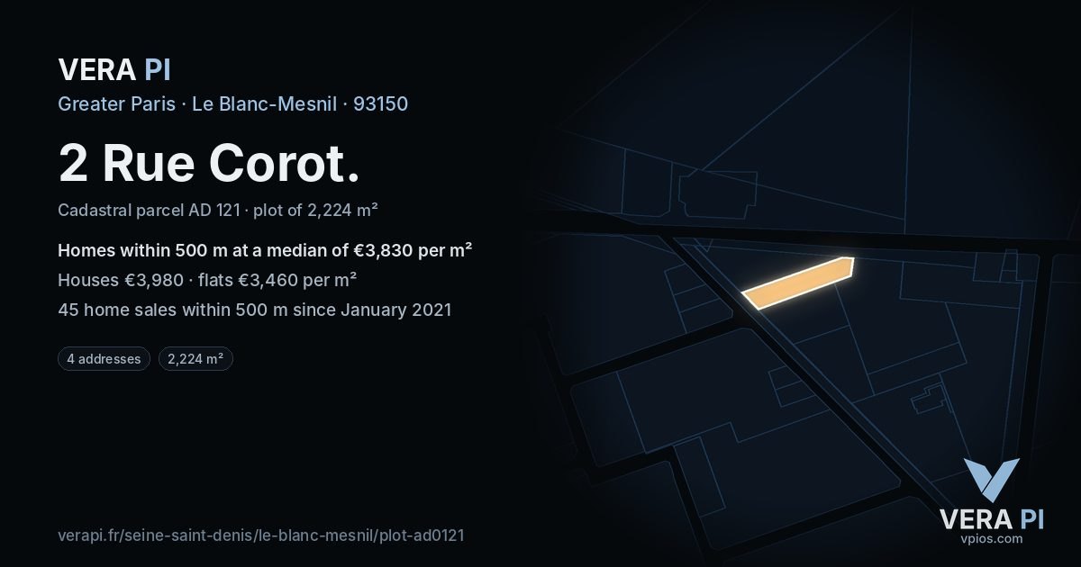 2 Rue Corot, Le Blanc-Mesnil at night – the plot lit, the parcels around coloured by the prices near them