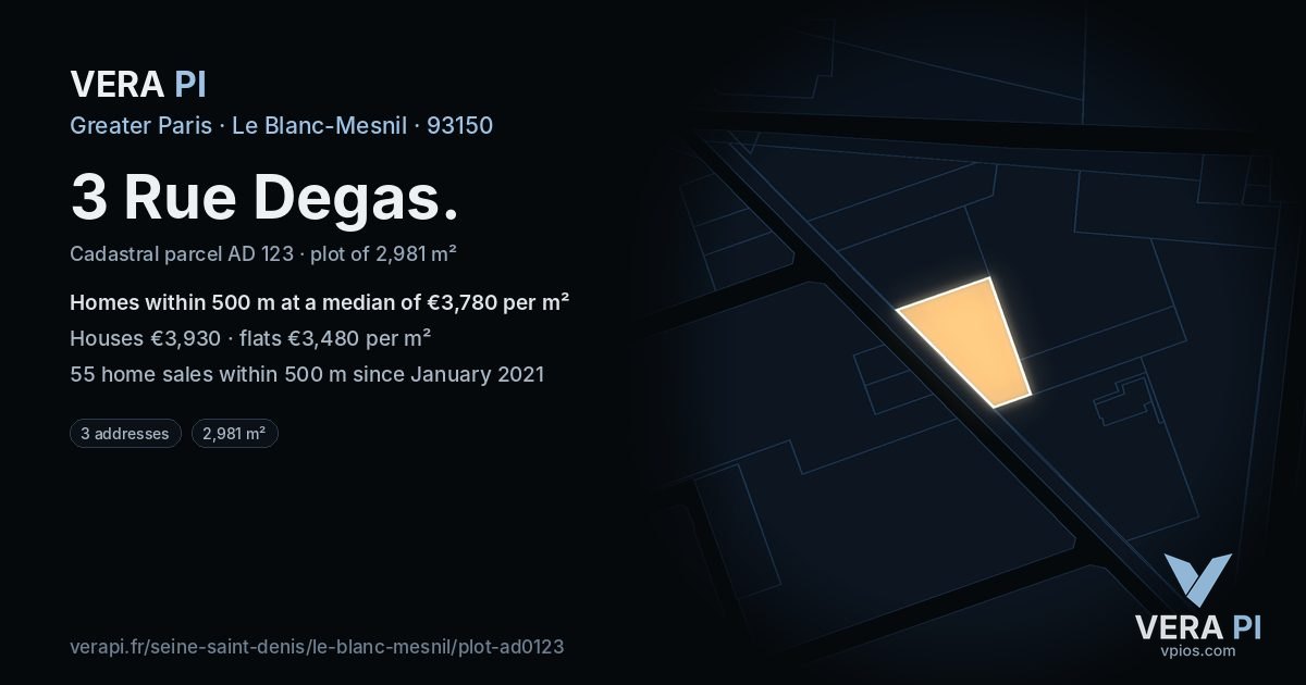 3 Rue Degas, Le Blanc-Mesnil at night – the plot lit, the parcels around coloured by the prices near them