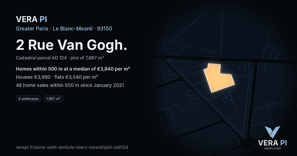 2 Rue Van Gogh, Le Blanc-Mesnil at night – the plot lit, the parcels around coloured by the prices near them