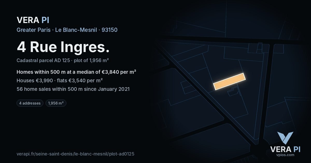 4 Rue Ingres, Le Blanc-Mesnil at night – the plot lit, the parcels around coloured by the prices near them