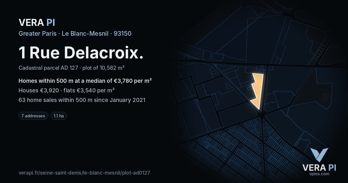 1 Rue Delacroix, Le Blanc-Mesnil at night – the plot lit, the parcels around coloured by the prices near them