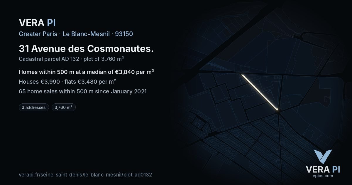 31 Avenue des Cosmonautes, Le Blanc-Mesnil at night – the plot lit, the parcels around coloured by the prices near them