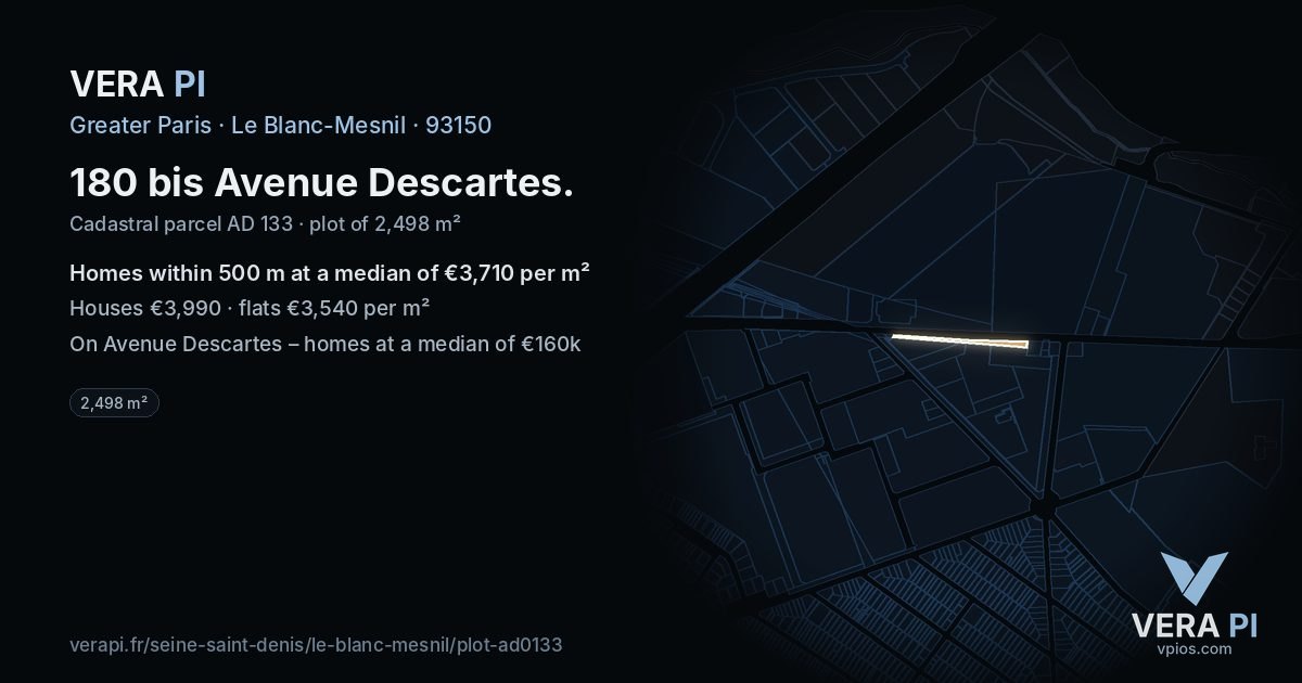 180 bis Avenue Descartes, Le Blanc-Mesnil at night – the plot lit, the parcels around coloured by the prices near them
