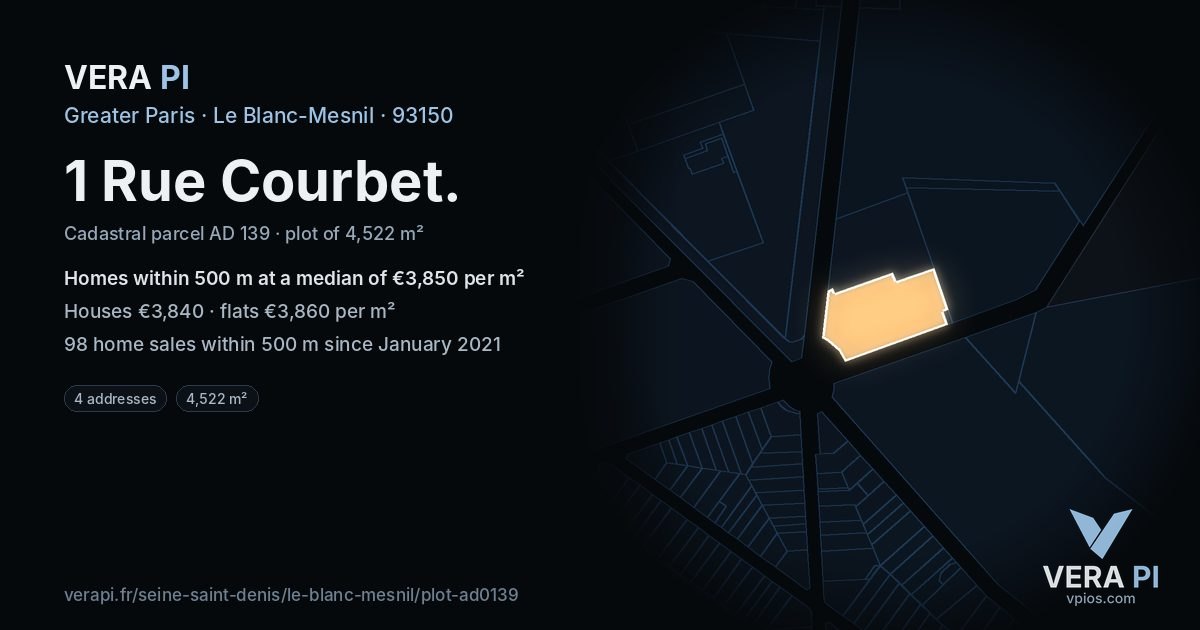 1 Rue Courbet, Le Blanc-Mesnil at night – the plot lit, the parcels around coloured by the prices near them
