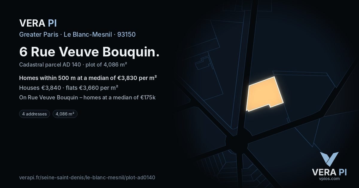 6 Rue Veuve Bouquin, Le Blanc-Mesnil at night – the plot lit, the parcels around coloured by the prices near them