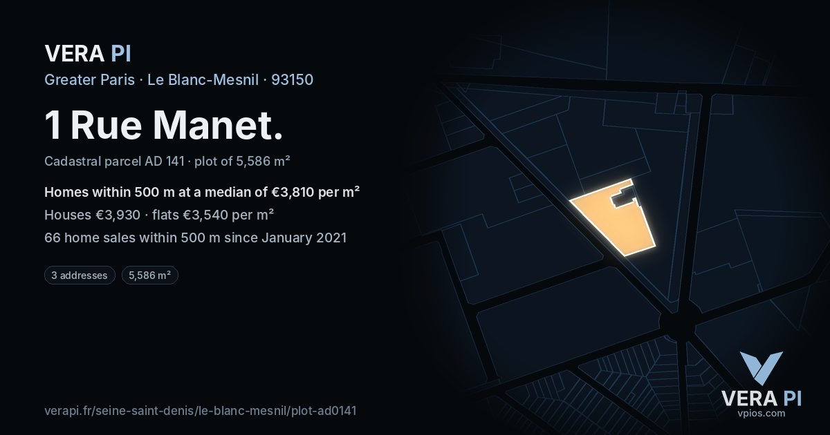 1 Rue Manet, Le Blanc-Mesnil at night – the plot lit, the parcels around coloured by the prices near them