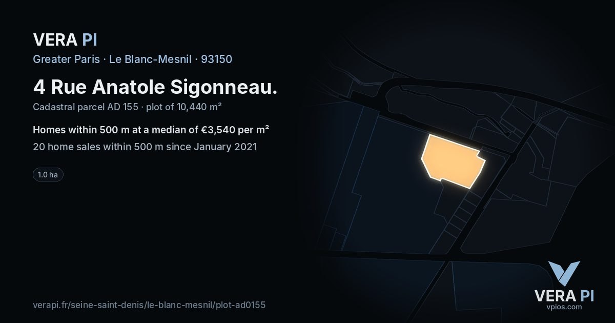 4 Rue Anatole Sigonneau, Le Blanc-Mesnil at night – the plot lit, the parcels around coloured by the prices near them