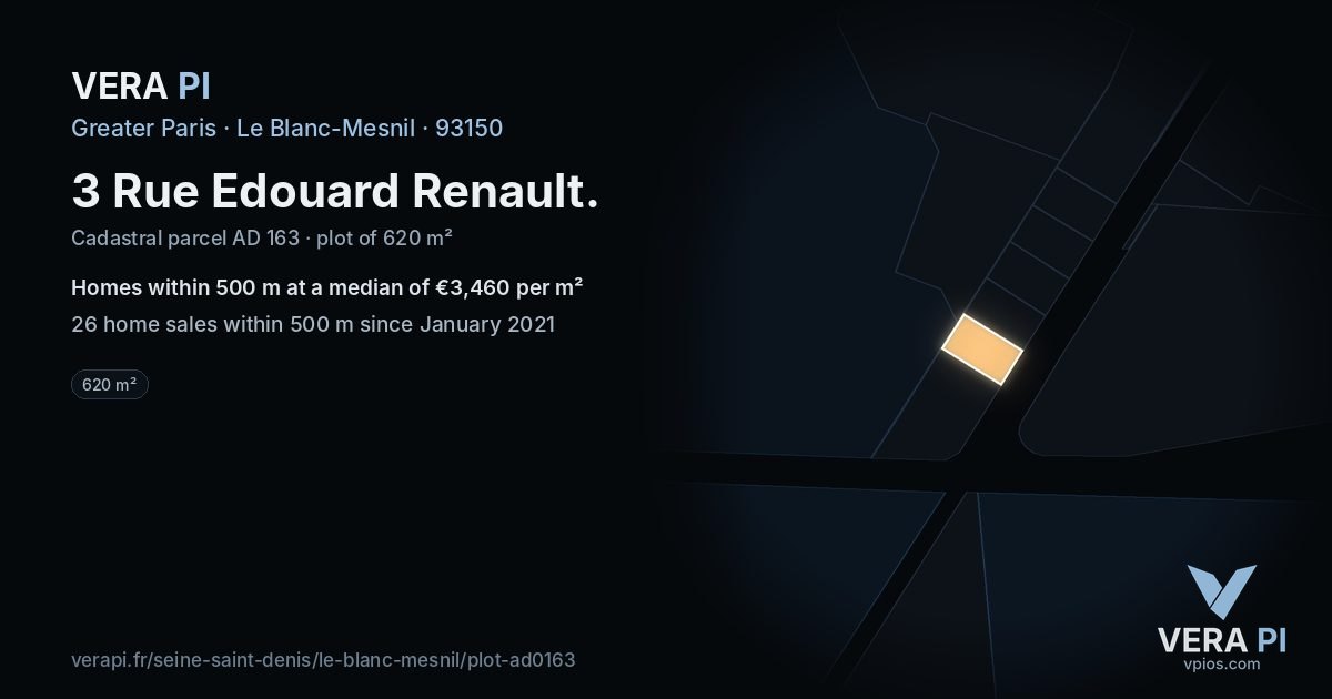 3 Rue Edouard Renault, Le Blanc-Mesnil at night – the plot lit, the parcels around coloured by the prices near them