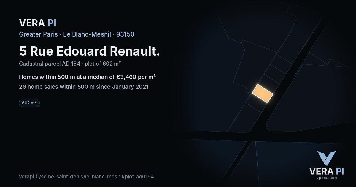 5 Rue Edouard Renault, Le Blanc-Mesnil at night – the plot lit, the parcels around coloured by the prices near them