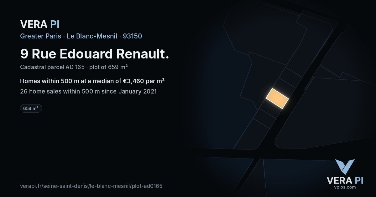 9 Rue Edouard Renault, Le Blanc-Mesnil at night – the plot lit, the parcels around coloured by the prices near them