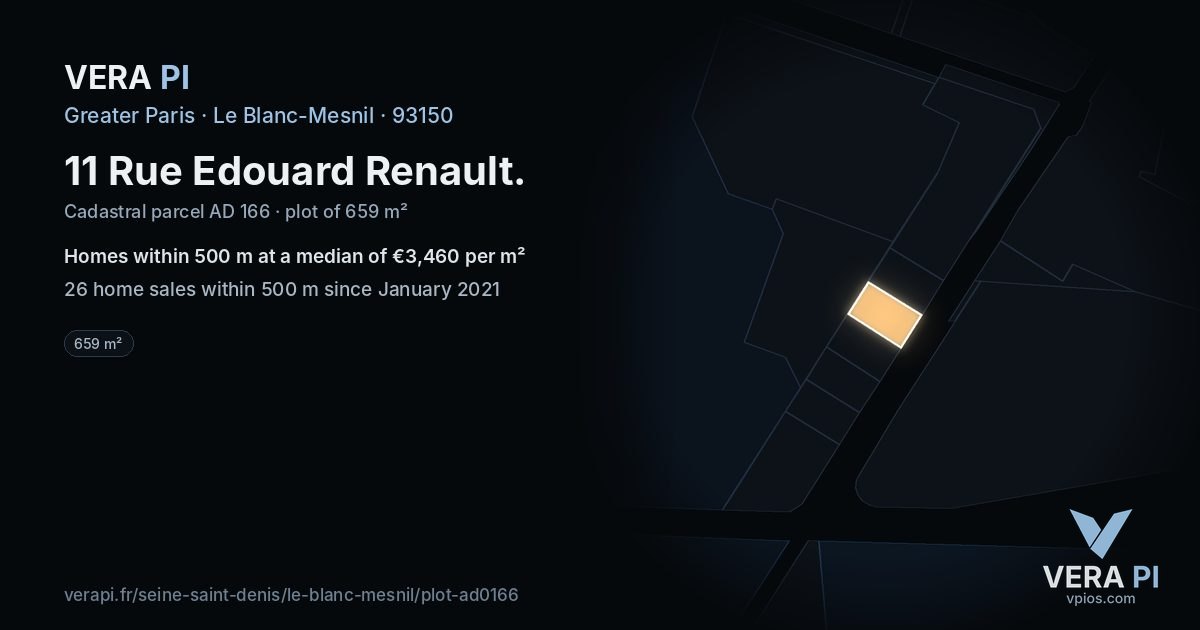 11 Rue Edouard Renault, Le Blanc-Mesnil at night – the plot lit, the parcels around coloured by the prices near them