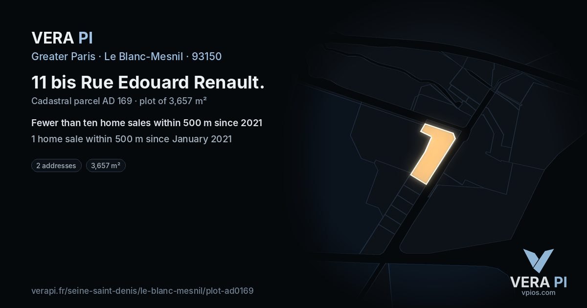 11 bis Rue Edouard Renault, Le Blanc-Mesnil at night – the plot lit, the parcels around coloured by the prices near them