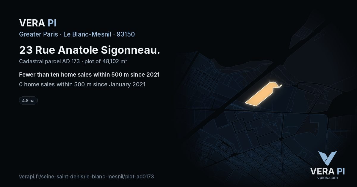 23 Rue Anatole Sigonneau, Le Blanc-Mesnil at night – the plot lit, the parcels around coloured by the prices near them