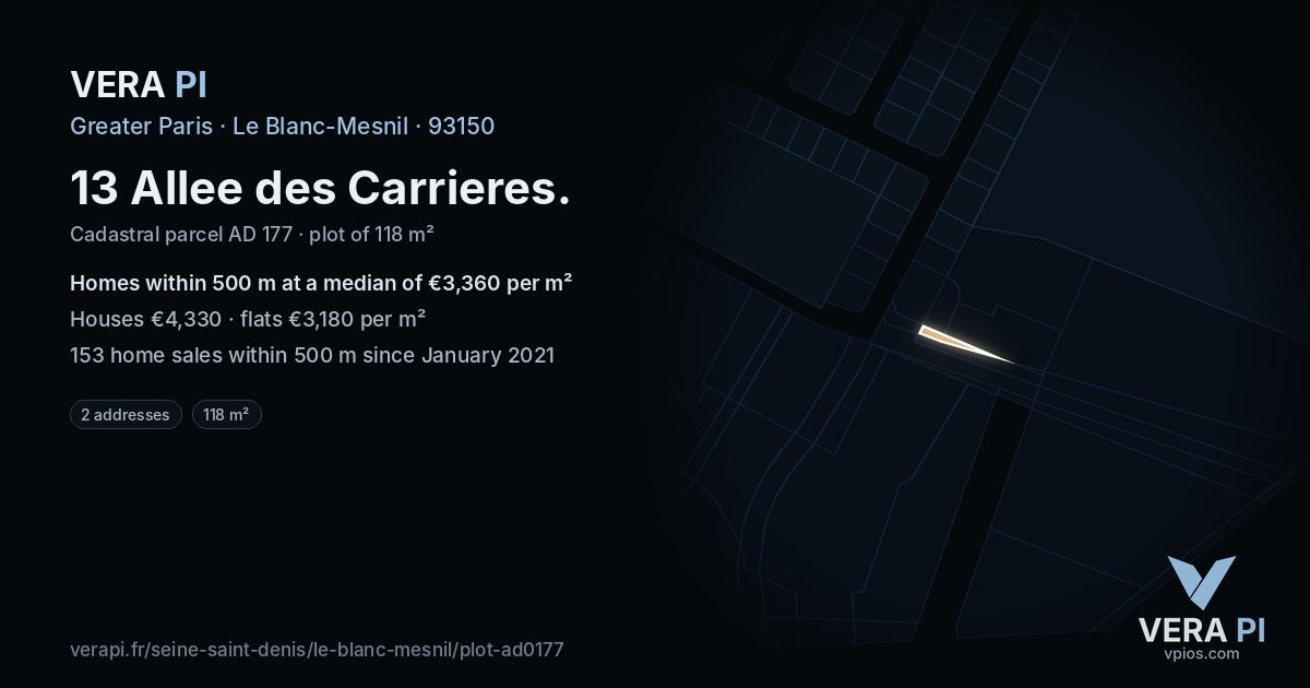 13 Allee des Carrieres, Le Blanc-Mesnil at night – the plot lit, the parcels around coloured by the prices near them