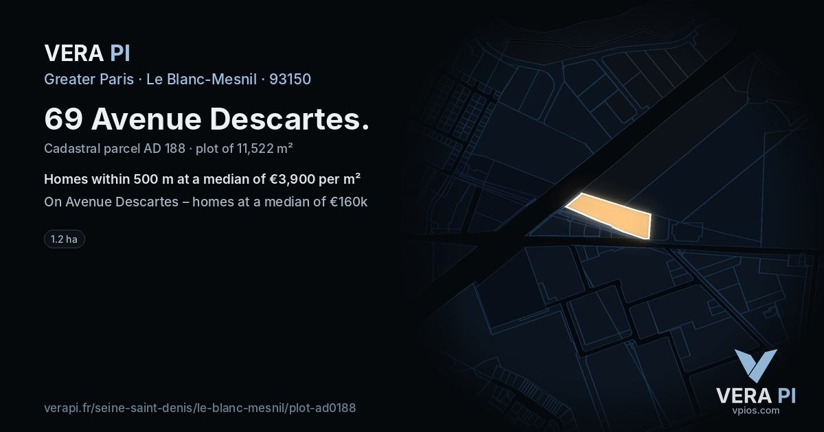 69 Avenue Descartes, Le Blanc-Mesnil at night – the plot lit, the parcels around coloured by the prices near them