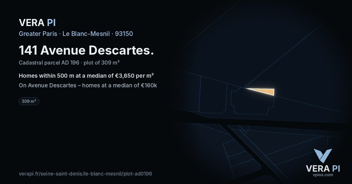 141 Avenue Descartes, Le Blanc-Mesnil at night – the plot lit, the parcels around coloured by the prices near them