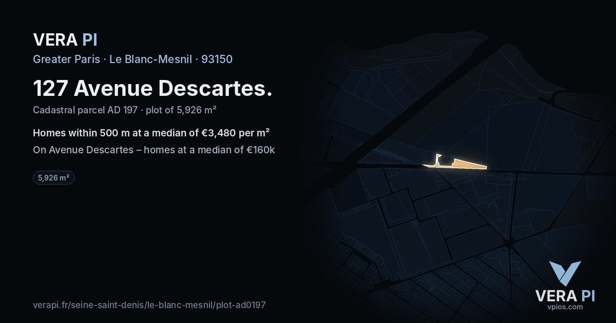 127 Avenue Descartes, Le Blanc-Mesnil at night – the plot lit, the parcels around coloured by the prices near them