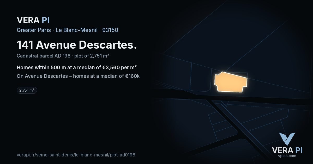141 Avenue Descartes, Le Blanc-Mesnil at night – the plot lit, the parcels around coloured by the prices near them