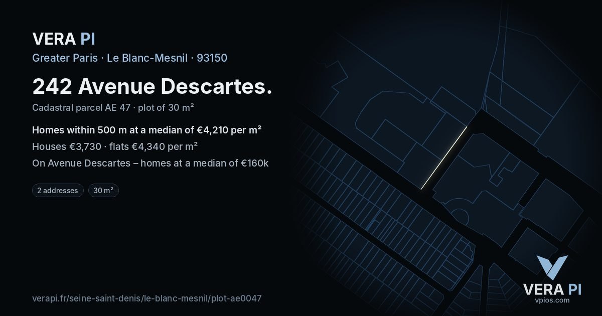 242 Avenue Descartes, Le Blanc-Mesnil at night – the plot lit, the parcels around coloured by the prices near them