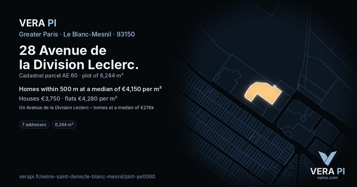 28 Avenue de la Division Leclerc, Le Blanc-Mesnil at night – the plot lit, the parcels around coloured by the prices near them