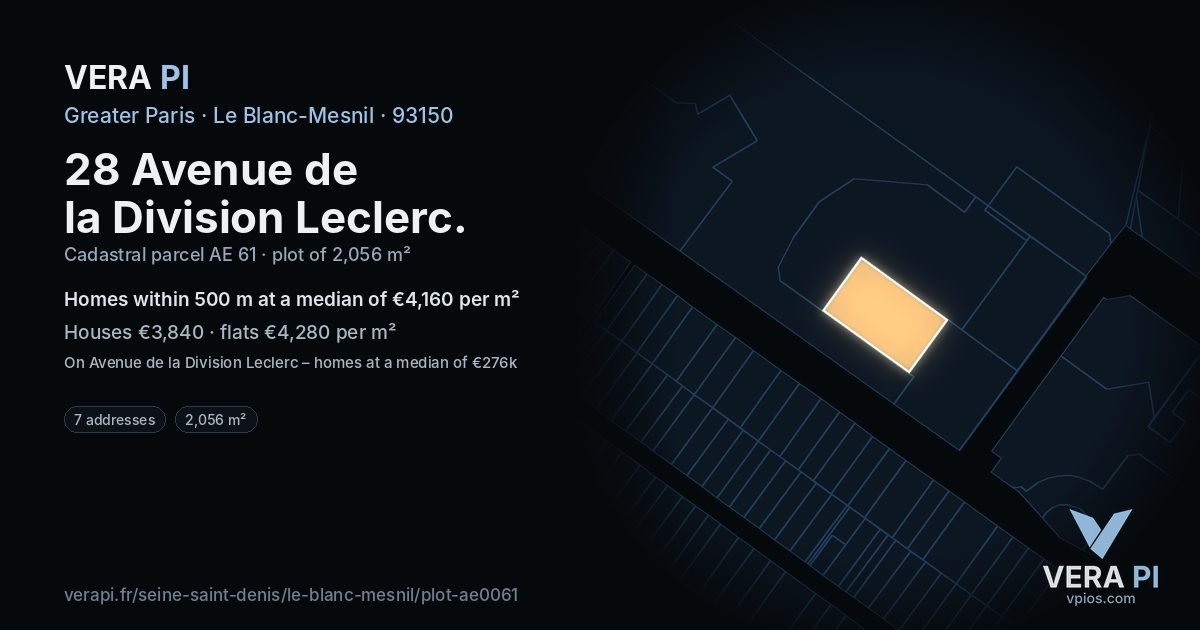 28 Avenue de la Division Leclerc, Le Blanc-Mesnil at night – the plot lit, the parcels around coloured by the prices near them
