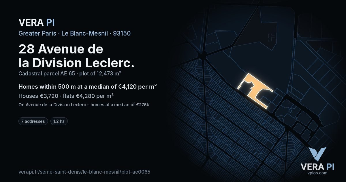 28 Avenue de la Division Leclerc, Le Blanc-Mesnil at night – the plot lit, the parcels around coloured by the prices near them