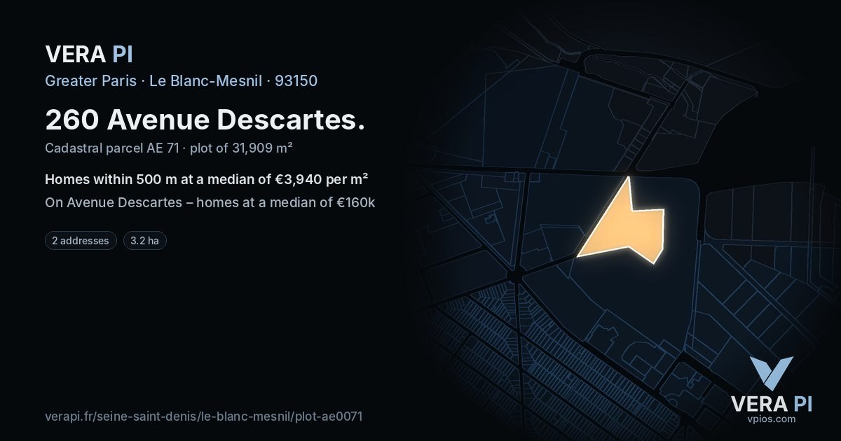 260 Avenue Descartes, Le Blanc-Mesnil at night – the plot lit, the parcels around coloured by the prices near them