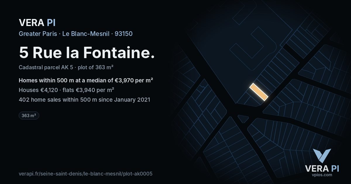5 Rue la Fontaine, Le Blanc-Mesnil at night – the plot lit, the parcels around coloured by the prices near them